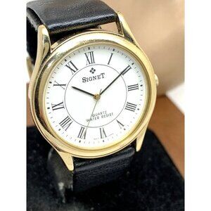 Signet Vintage Men's Watch Quartz White Dial Roman 34mm Case Black Leather Band